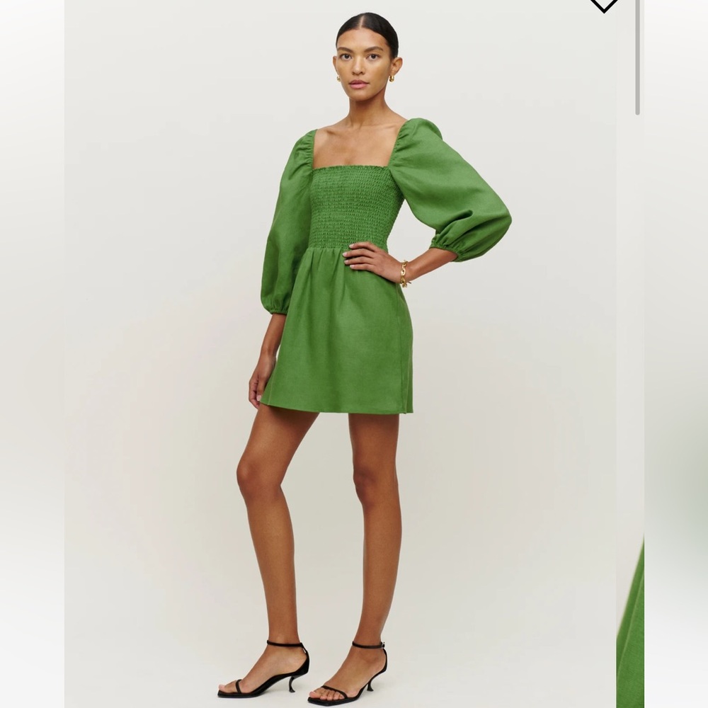Reformation Greyson mini dress in “Kelly Green”